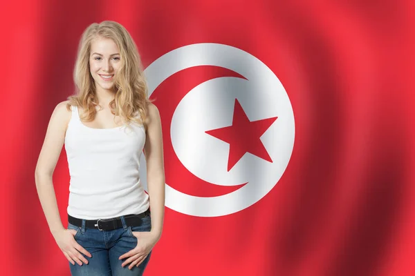 Happy Woman Tunisia Flag Background Travel Tunisia — Stock Photo, Image