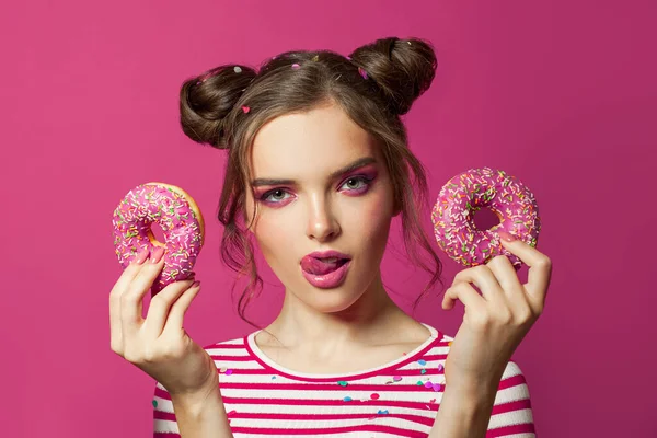 Nice Model Woman Holding Donuts Colorful Pink Background — Stock Photo, Image