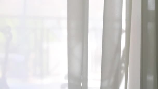 Wind Blowing White Sheer Curtain Balcon — Stock Video