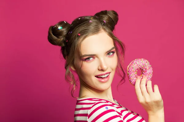 Nice Woman Donut Vivid Pink Background Diet Concept — Stock Photo, Image