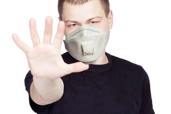Hombre Joven Con Mascarilla Médica Con Gesto Stop Epidemia Gripe — Foto de Stock