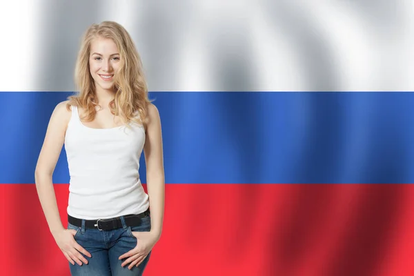 Russia Concept Happy Woman Student Russian Federation Flag Background Learn — Stock Photo, Image