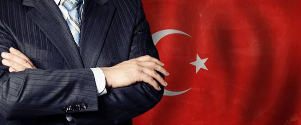 Manliga Händer Mot Turkisk Flagga Bakgrund Företag Och Politik Turkiet — Stockfoto