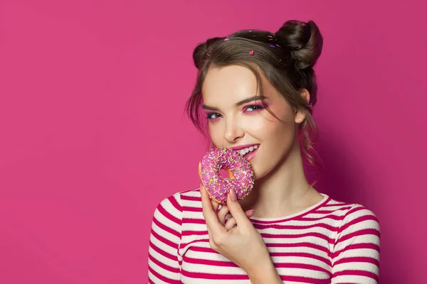 Cheerful Woman Holding Donut Vivid Pink Background Diet Concept — Stock Photo, Image