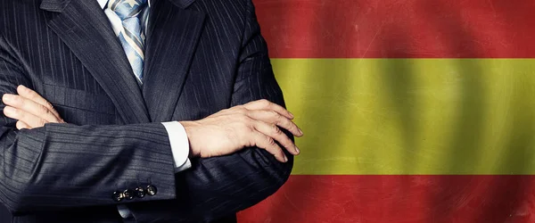 Mužské Ruce Pozadí Španělské Vlajky Podnikání Politika Vzdělávání Španělsku Koncept — Stock fotografie