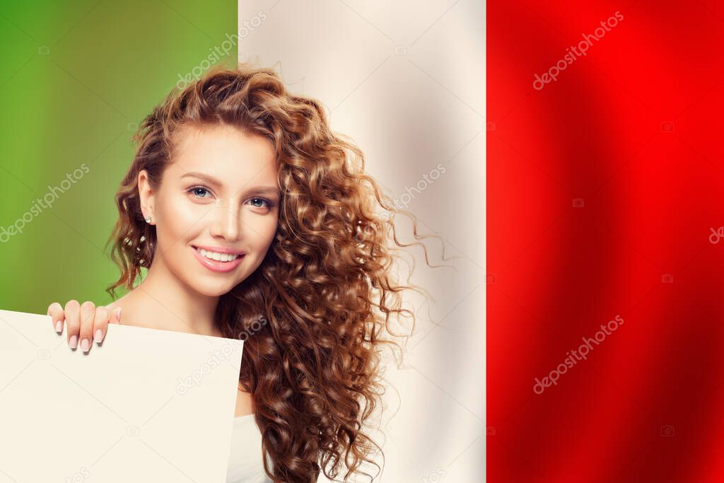 Love Italy concept. Happy woman with white banner and Italian flag