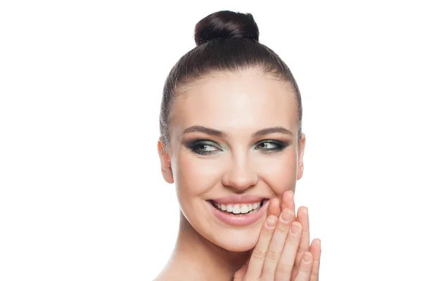 Mulher Saudável Sorrindo Olhando Para Lado Isolado Fundo Branco — Fotografia de Stock