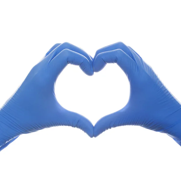 Hands Medical Gloves Making Heart Isolated White Background — Stock Photo, Image