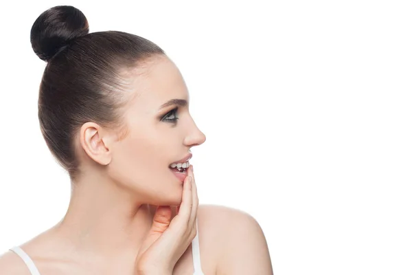 Schönes Weibliches Gesicht Hübsche Frau Wellness Modell Isoliert Auf Weißem — Stockfoto