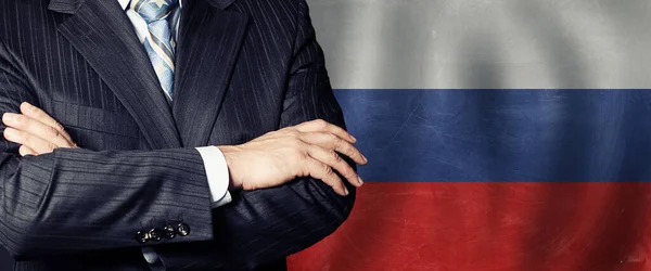 Mężczyzna Ręce Tle Rosyjskiej Flagi Biznesu Polityki Edukacji Rosji Koncepcji — Zdjęcie stockowe
