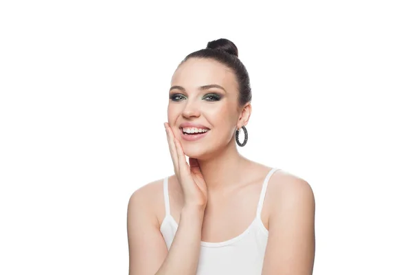 Laughing Woman Clear Healthy Skin Isolated White Portrait — Stock Photo, Image