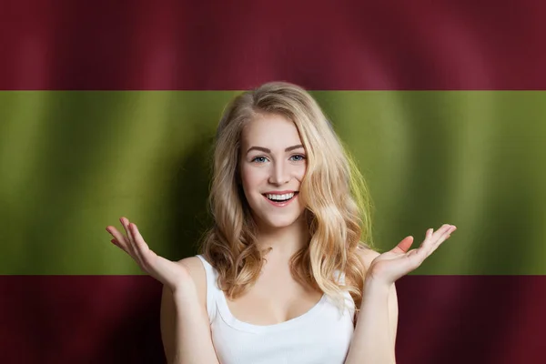 Surprised Cute Happy Girl Spain Flag Background Travel Education Concept — Stock Photo, Image