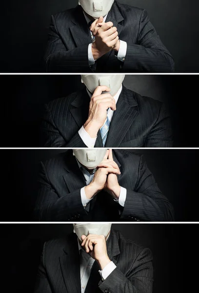戴口罩的商业 行政或政治人物 手持手势 近距离合影 — 图库照片