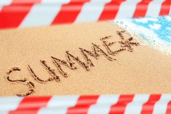 Sea Beach Summer Inscription Red Warning Tape Quarantine Deferred Vacation — Stock Photo, Image