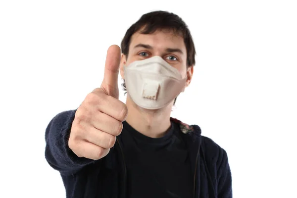 Acelera Isolado Homem Máscara Protetora Mostrando Polegar Para Cima — Fotografia de Stock