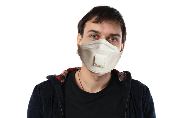 Homem Máscara Protetora Isolado Fundo Branco — Fotografia de Stock