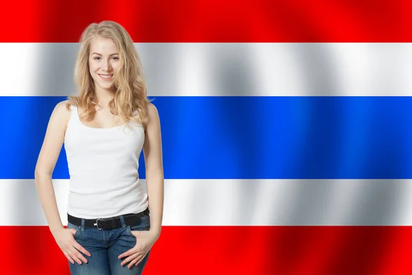 Resa Och Lär Thailändska Språket Koncept Leende Blond Kvinna Student — Stockfoto