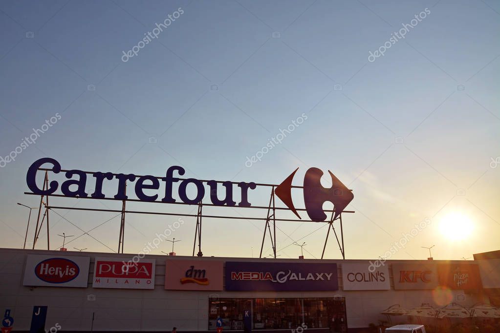 Timisoara, Romania - July 20, 2017: The Carrefour supermarket logo outside a shopping mall in Timisoara, Romania. Shot taken on July 20th, 2017