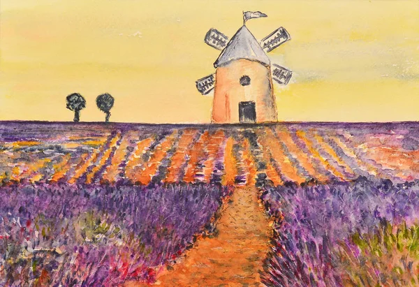 Moinho de vento, pintura aquarela — Fotografia de Stock
