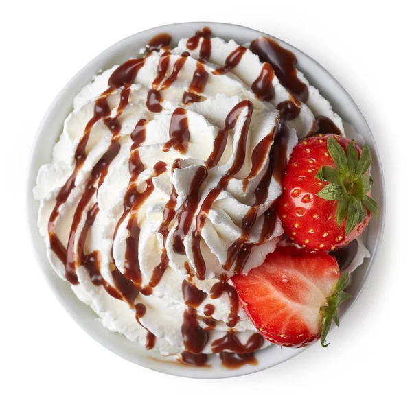 Bowl of whipped cream and chocolate sauce — Stock Photo, Image