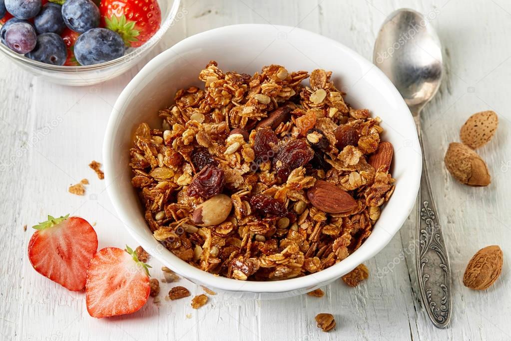 Homemade granola with nuts and raisins