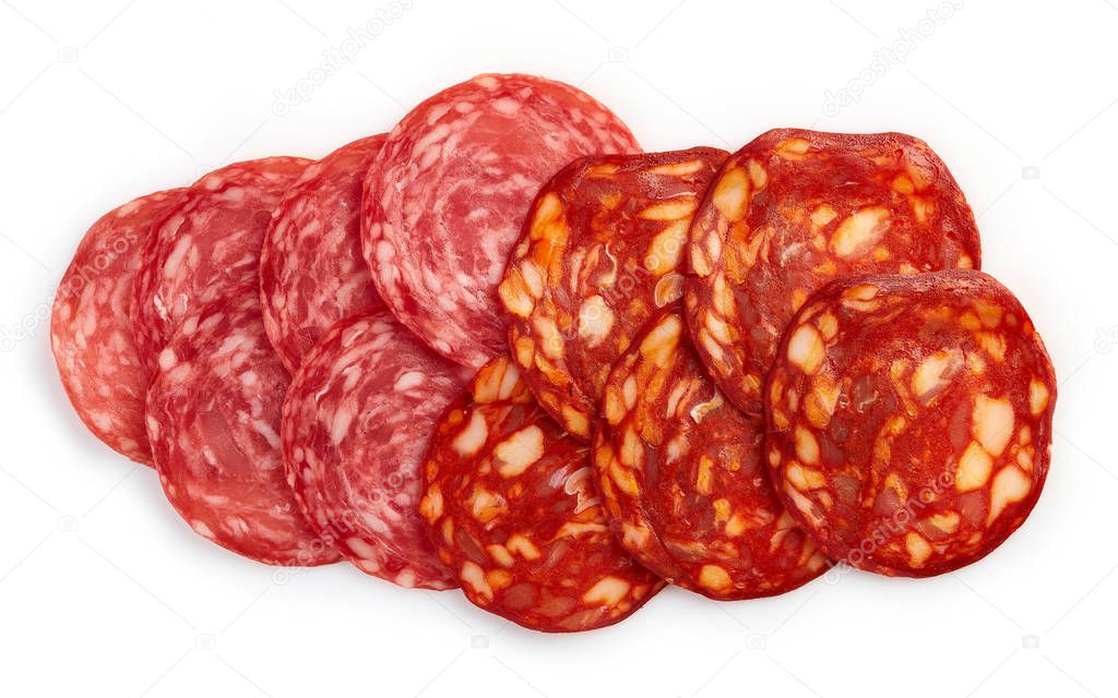 Slices of chorizo sausage and salami