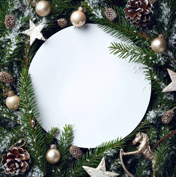 Frame of Christmas tree branches and decorations — Stock Photo, Image