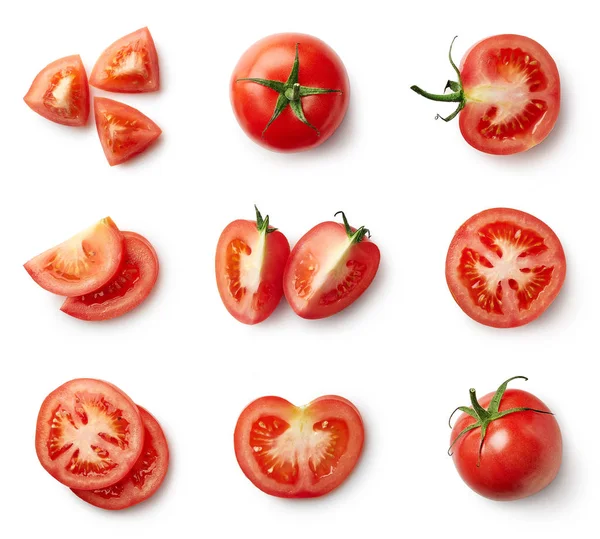 Set Van Verse Hele Gesneden Tomaten Geïsoleerd Een Witte Achtergrond — Stockfoto