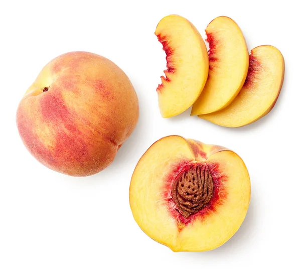 Färsk mogen hel, halv och skivad persika — Stockfoto