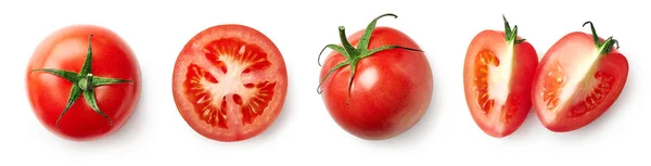 Świeże całe, połowiczne i pokrojone w plasterki czerwone pomidory — Zdjęcie stockowe