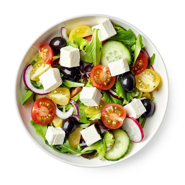 Greek salad with fresh vegetables, feta cheese and black olives — Stock Photo, Image