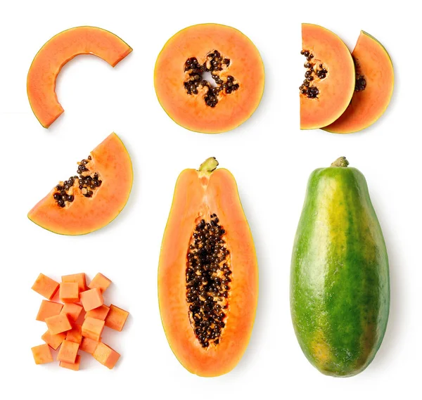 Set of fresh whole and half papaya fruit and slices — Stock Photo, Image