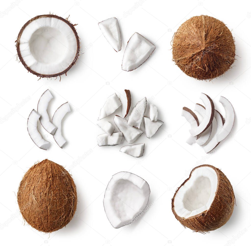 Set of fresh whole and half coconut and slices isolated on white background, top view