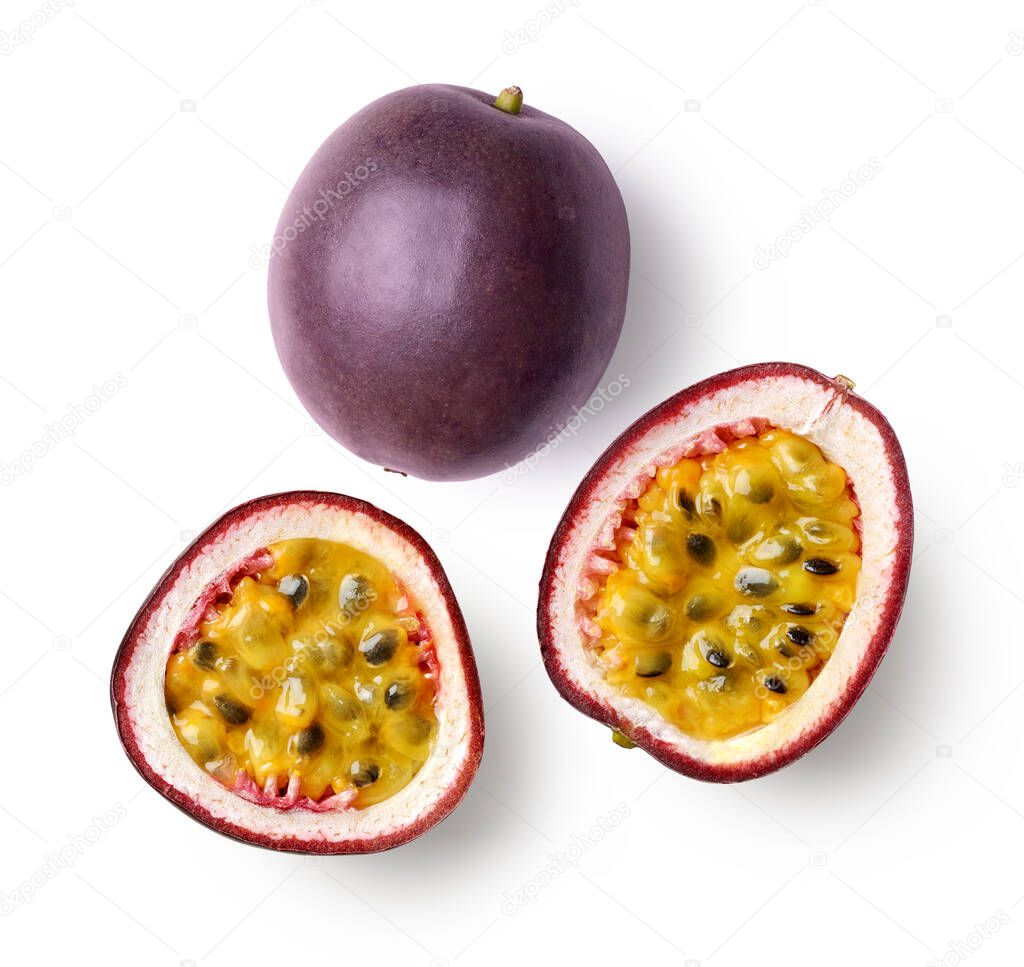 Set of whole and half of fresh passion fruit isolated on white background, top view