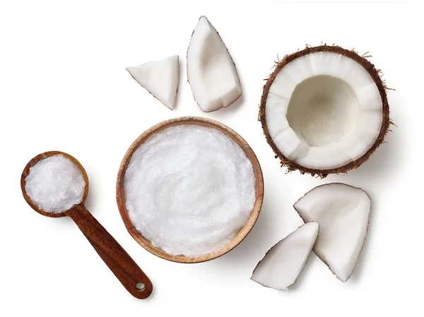 Wooden Bowl Spoon Coconut Oil Fresh Coconut Pieces Isolated White — Stockfoto