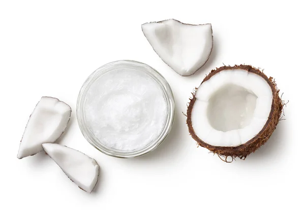 Jar Coconut Oil Fresh Coconut Pieces Isolated White Background Top — Stockfoto