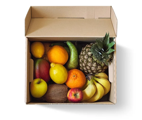 Färsk Frukt Leverans Box Isolerad Vit Bakgrund Ovanifrån — Stockfoto