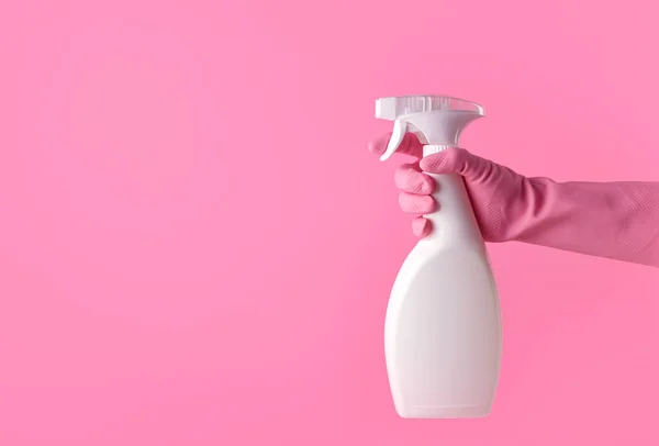 Hand Rubber Glove Holding White Spray Bottle Pink Background — Stock Photo, Image