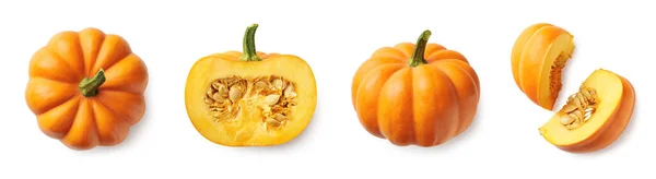 Set Fresh Whole Sliced Pumpkin Isolated White Background Top View — Stock Photo, Image