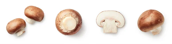 Conjunto Cogumelos Champignon Frescos Inteiros Fatiados Isolados Sobre Fundo Branco — Fotografia de Stock