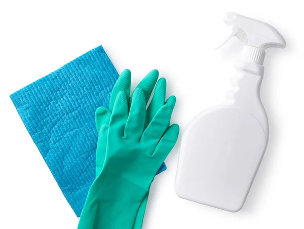 Frasco Spray Plástico Luvas Borracha Pano Limpeza Isolado Fundo Branco — Fotografia de Stock