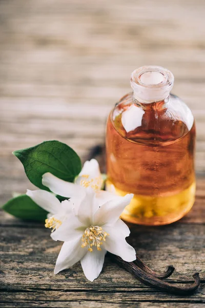 Essential oil with jasmine flower and vanilla — Stock Photo, Image