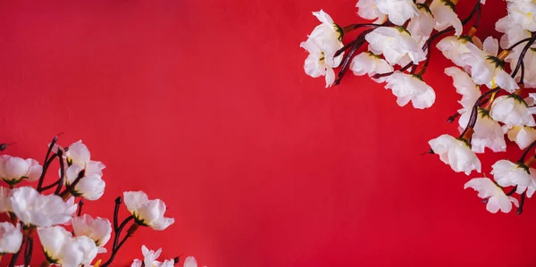 Borda de flor de primavera sobre fundo vermelho com copyspace. Chines. — Fotografia de Stock