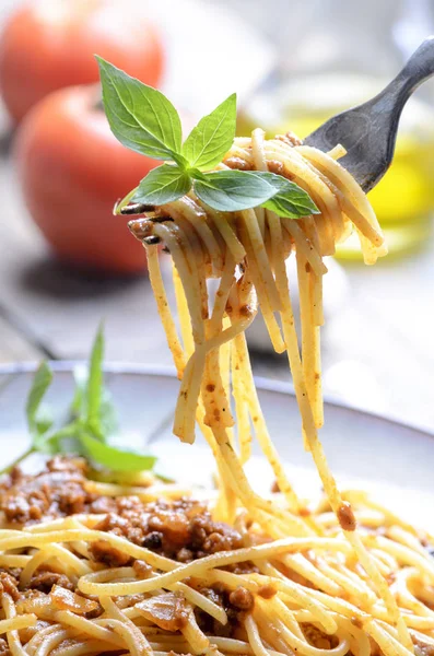 Närbild av italiensk spaghetti bolognese med basilika i gaffel. Tradi Ordförande — Stockfoto