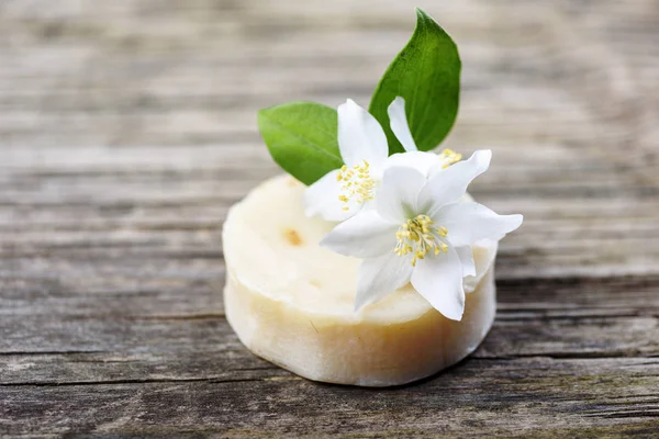 Closeup of organic handmade natural soap with goat milk and jasm — Stock Photo, Image