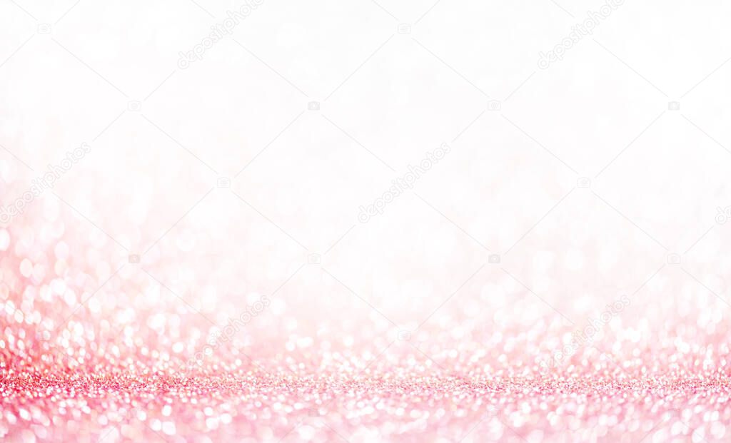 Light pink bokeh background. Pastel blur glitter abstract wallpaper. Girly and classy design element for wedding celebration.