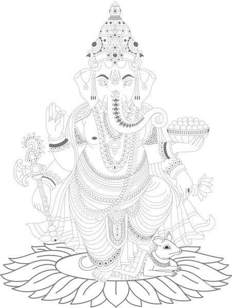 Ganesha, vettoriale, solo linea, bianco e nero — 스톡 벡터