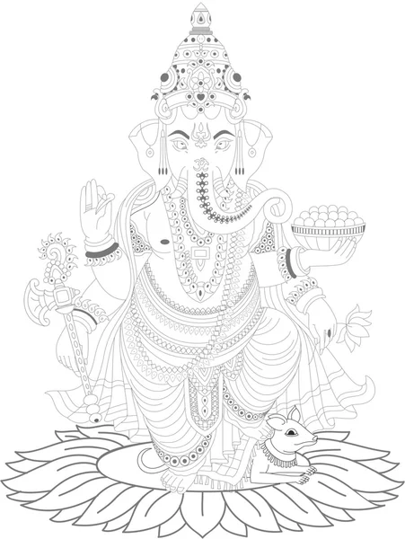 Ganesha, vettoriale, solo linea, bianco e nero — Vector de stock