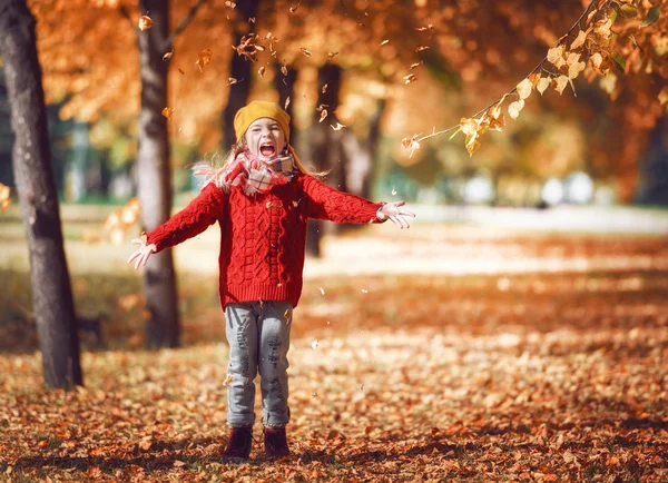 Sonbahar parkında yürüyen kız. — Stok fotoğraf