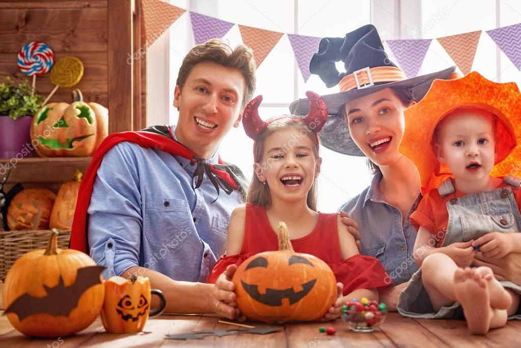 family celebrating Halloween